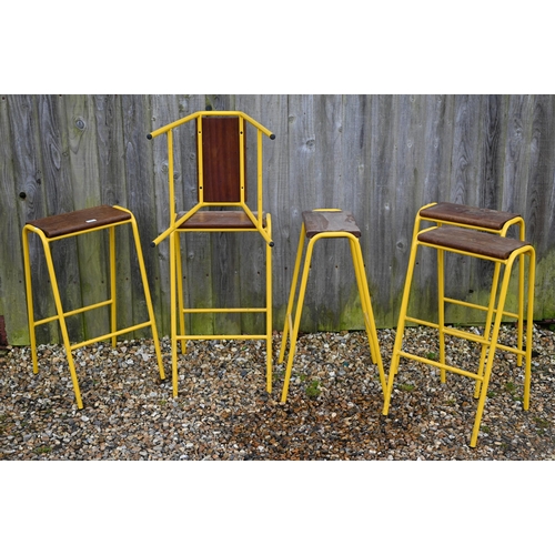 93 - A set of six yellow framed mid-height stacking lab stools, with hardwood seats (6)