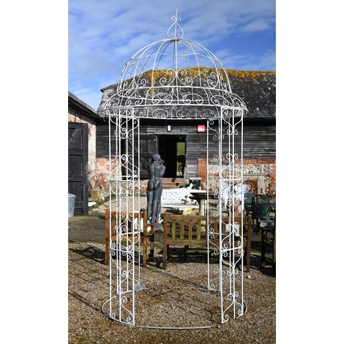 A French steel circular domed top garden pergola / gazebo, white painted, 154 cm dia. x 280 cm h (315 cm to tip of spike), c/with fixings, dismantles for transit