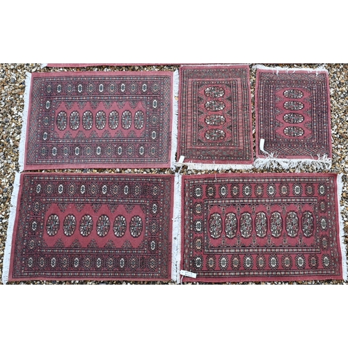 376 - Five various Pakistani Turkoman design rugs, all with repeating gul design on terracotta ground (5)