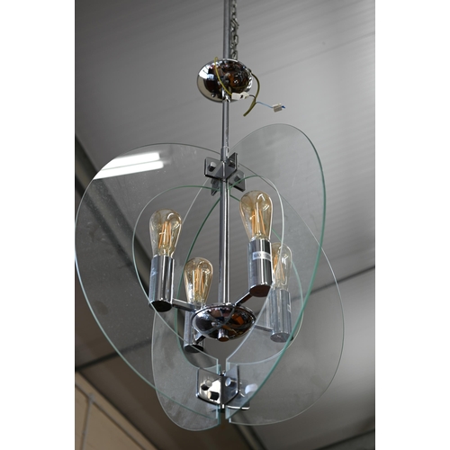 386 - A contemporary 'solstice' stem hung four-light ceiling pendant in polished chrome with semi-circular... 