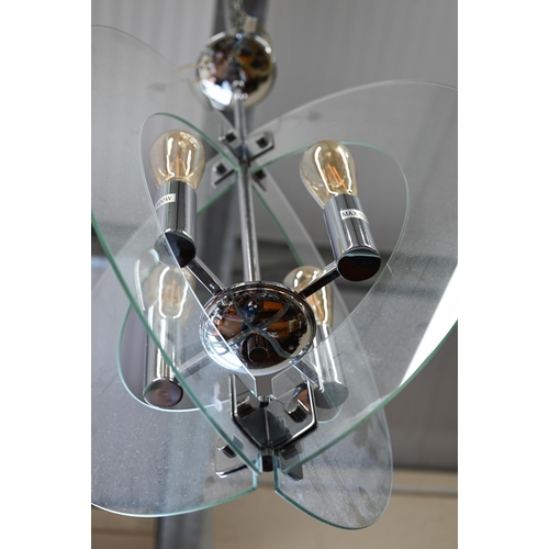 386 - A contemporary 'solstice' stem hung four-light ceiling pendant in polished chrome with semi-circular... 