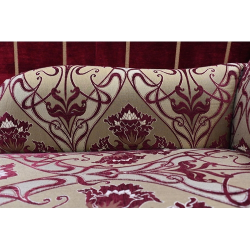 389 - A modern Multiyork scroll end chaise longue in burgundy and old gold floral fabric, 145 cm long x 70... 