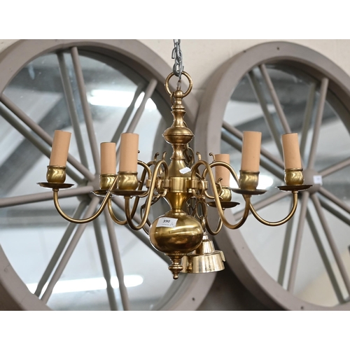 390 - A Dutch-style brass six branch electrolier/chandelier, 38 cm high to/w another brass-finish six-bran... 