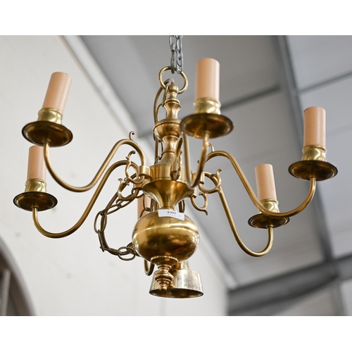 390 - A Dutch-style brass six branch electrolier/chandelier, 38 cm high to/w another brass-finish six-bran... 