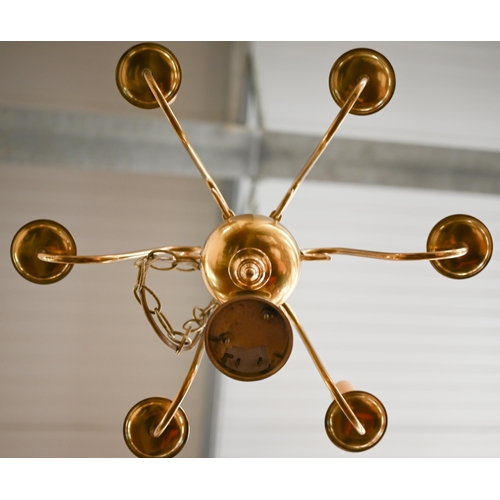 390 - A Dutch-style brass six branch electrolier/chandelier, 38 cm high to/w another brass-finish six-bran... 