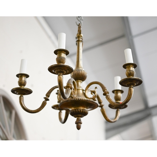 390 - A Dutch-style brass six branch electrolier/chandelier, 38 cm high to/w another brass-finish six-bran... 