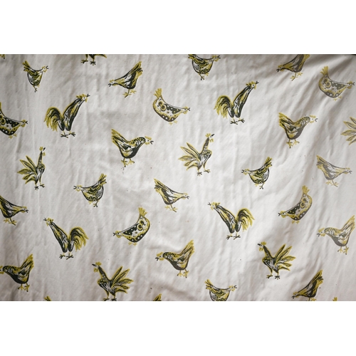 568 - A pair of interlined curtains embroidered with hens and roosters, each 183 x 230cm