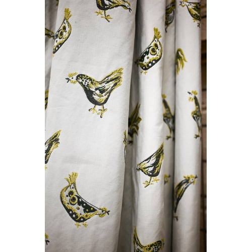 568 - A pair of interlined curtains embroidered with hens and roosters, each 183 x 230cm