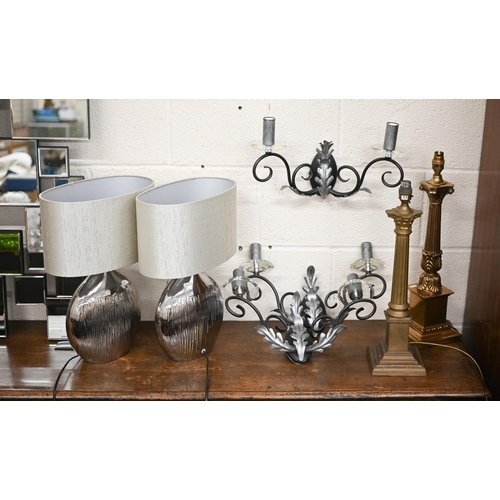 580 - # Two classical column metal table lamps to/w a pair of silvered table lamps and a set of three glas... 