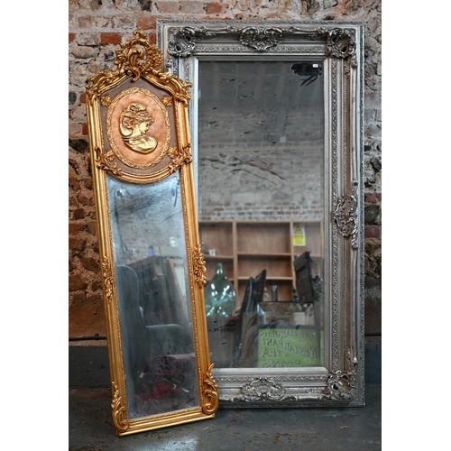 140 - A French Louis XV style gilt framed mirror, 50 x 170 cm to/w a Baroque style mirror in silvered fram... 