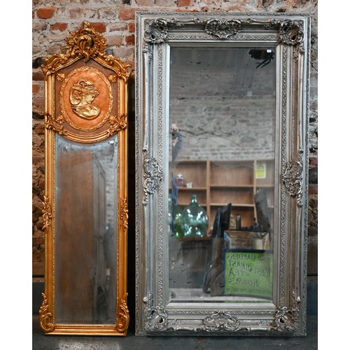 140 - A French Louis XV style gilt framed mirror, 50 x 170 cm to/w a Baroque style mirror in silvered fram... 