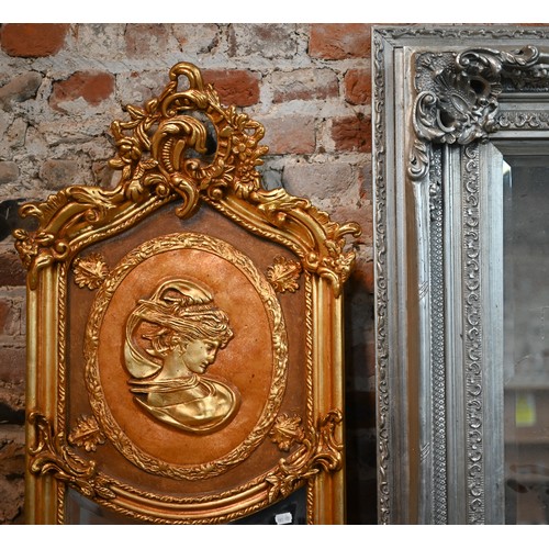 140 - A French Louis XV style gilt framed mirror, 50 x 170 cm to/w a Baroque style mirror in silvered fram... 