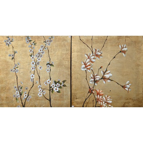 369 - Two large modern oil on canvas studies of flowering branches on gilded background, 101 x 101 cm to/w... 