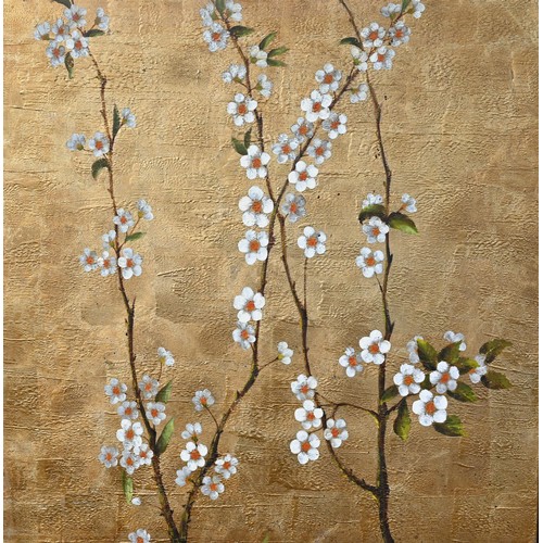 369 - Two large modern oil on canvas studies of flowering branches on gilded background, 101 x 101 cm to/w... 