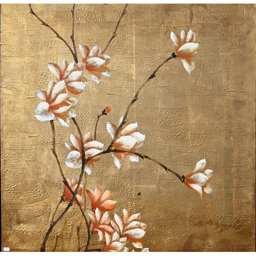 369 - Two large modern oil on canvas studies of flowering branches on gilded background, 101 x 101 cm to/w... 