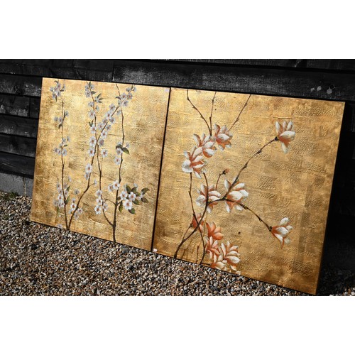 369 - Two large modern oil on canvas studies of flowering branches on gilded background, 101 x 101 cm to/w... 