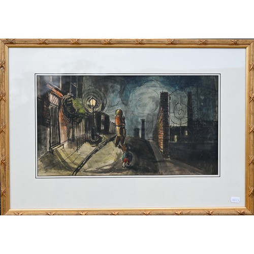 372 - 20th century study of children on a street at night, ink and wash, possibly signature to lower right... 