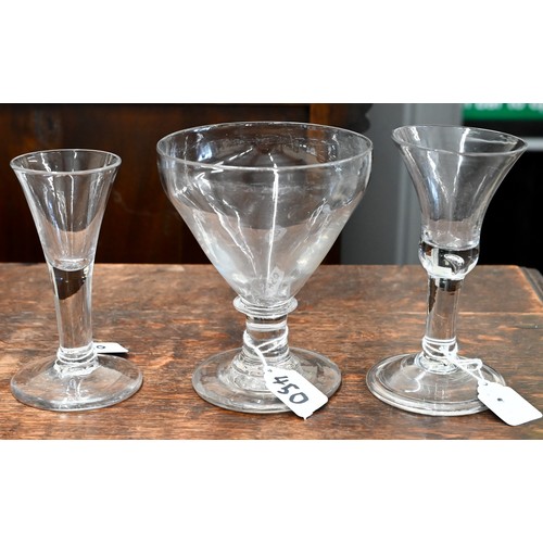 450 - A Georgian drinking glass with bell bowl, with bubble to base, plain stem and domed foot with folded... 