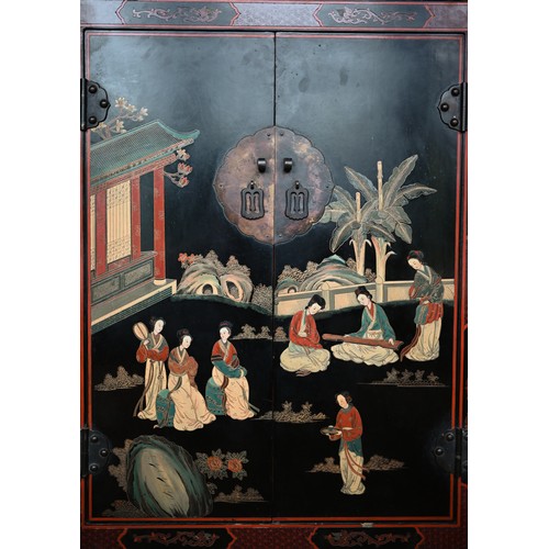 118 - A Japanese black lacquered and polychrome pictorial decorated cabinet, 62 cm x 31 cm x 92 cm h, lock... 