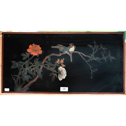 119 - A Japanese black lacquered and polychrome pictorial decorated cabinet, 62 cm x 31 cm x 92 cm h, lock... 