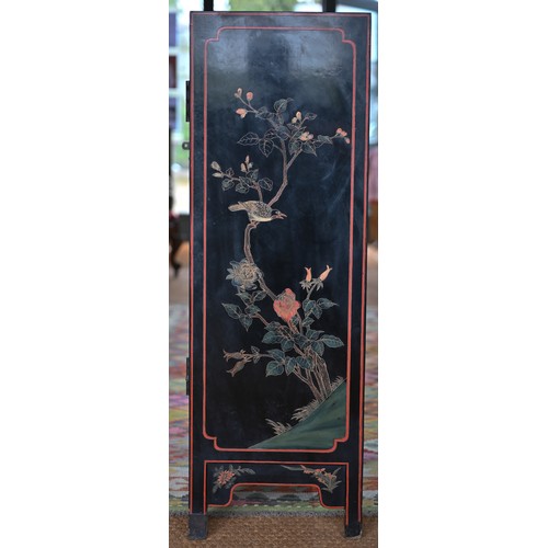 119 - A Japanese black lacquered and polychrome pictorial decorated cabinet, 62 cm x 31 cm x 92 cm h, lock... 