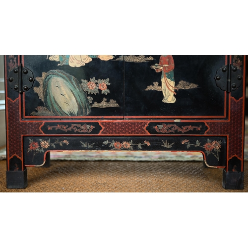 118 - A Japanese black lacquered and polychrome pictorial decorated cabinet, 62 cm x 31 cm x 92 cm h, lock... 