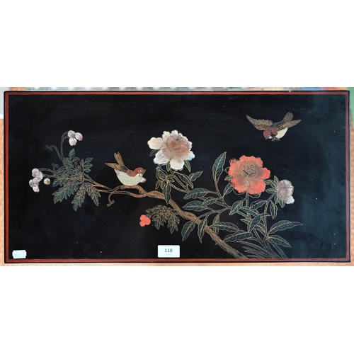 118 - A Japanese black lacquered and polychrome pictorial decorated cabinet, 62 cm x 31 cm x 92 cm h, lock... 