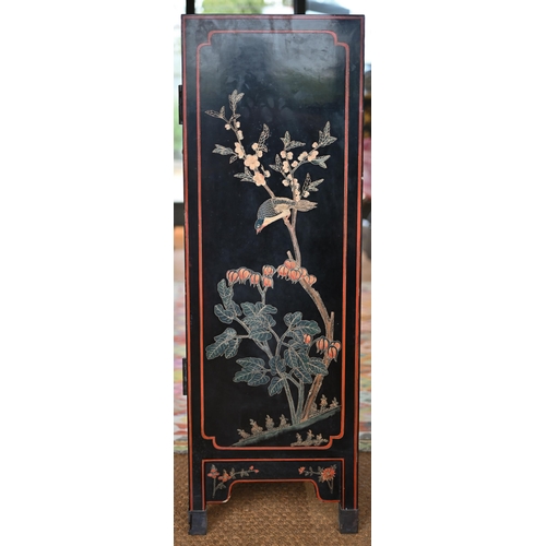 118 - A Japanese black lacquered and polychrome pictorial decorated cabinet, 62 cm x 31 cm x 92 cm h, lock... 