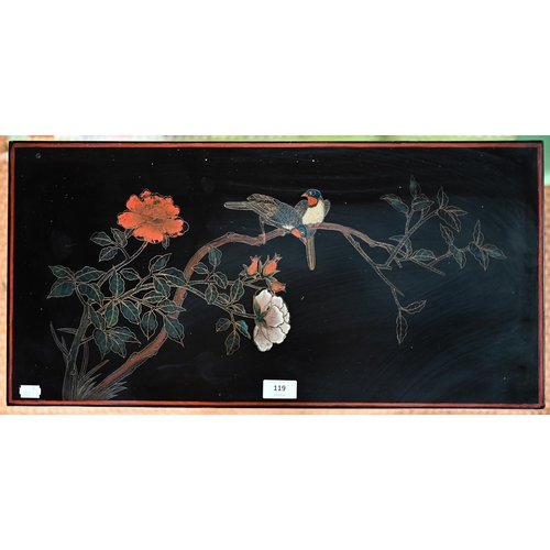 119 - A Japanese black lacquered and polychrome pictorial decorated cabinet, 62 cm x 31 cm x 92 cm h, lock... 