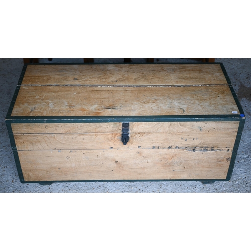 337 - An old part painted pine trunk, carrying handles to the sides, 109 cm x 49 cm x 46 cm h