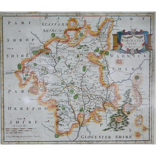 398 - #An 18th century County map engraving by Robert Morden, Worcestershire, 36.5 x 42 cm, mounted, frame... 