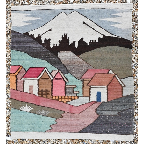 137 - #A South American Ecuador folk art wool pictorial rug, with a mountainous village landscape design i... 