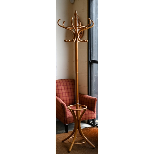 150 - A Thonet style beech bentwood hall stand with six scrolling coat/hat hooks, 185 cm high