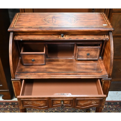 197 - A Continental floral painted cylinder top desk on fluted supports, 66 cm wide x 40 cm deep x 100 cm ... 