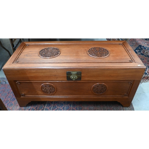 210 - George Zee & Co (Hong Kong) - a mid century Chinese camphorwood trunk with decorative fret cut r... 