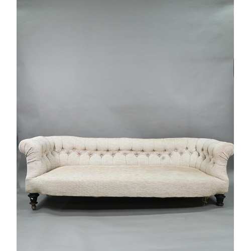 678 - A traditional button back upholstered sofa circa 1900,200 cm x 78 cm x 66 cm h, missing one  ca... 