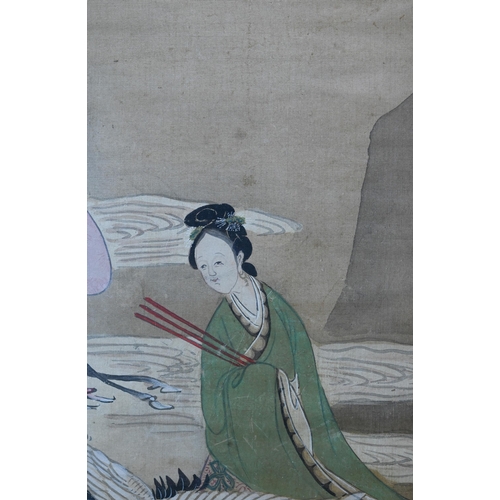 407A - A late 19th or early 20th century Chinese painting on silk, late Qing dynasty, of a seated lady with... 