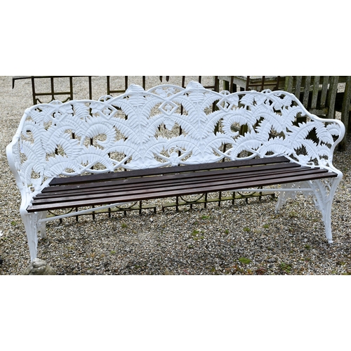 An old Coalbrookdale style cast iron blackberry and fern pattern bench, with wood-slat seat, 190 cm long, restored