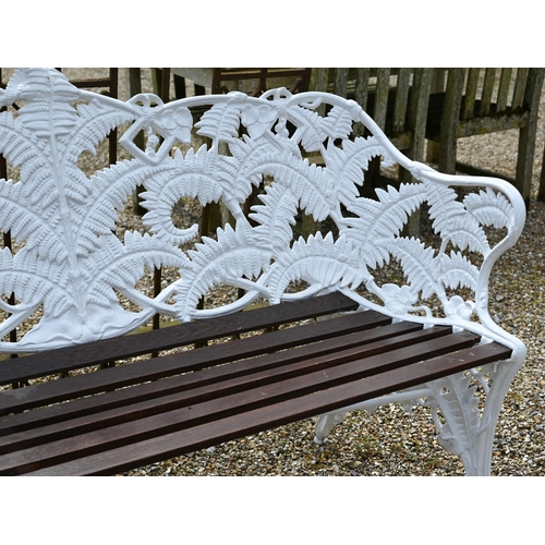 11 - An old Coalbrookdale style cast iron blackberry and fern pattern bench, with wood-slat seat, 190 cm ... 