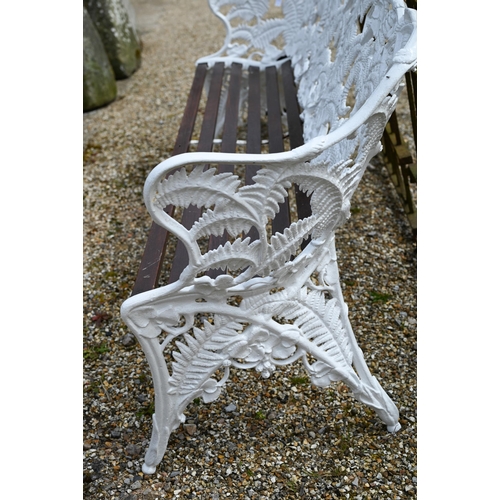 11 - An old Coalbrookdale style cast iron blackberry and fern pattern bench, with wood-slat seat, 190 cm ... 