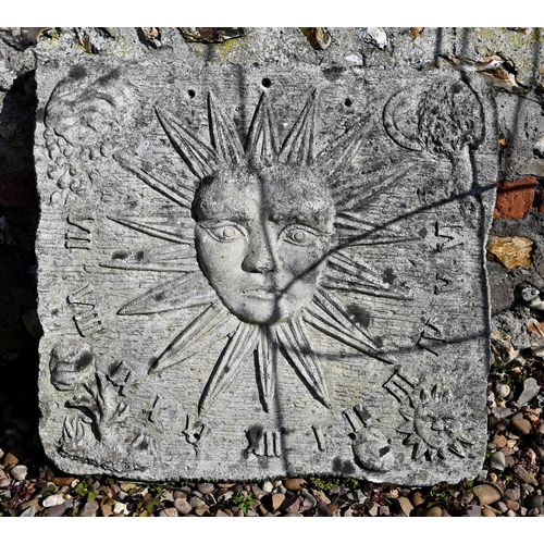 112 - A weathered cast stone sundial plaque, 50 cm x 54 cm