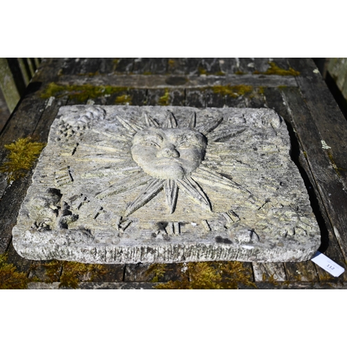 112 - A weathered cast stone sundial plaque, 50 cm x 54 cm