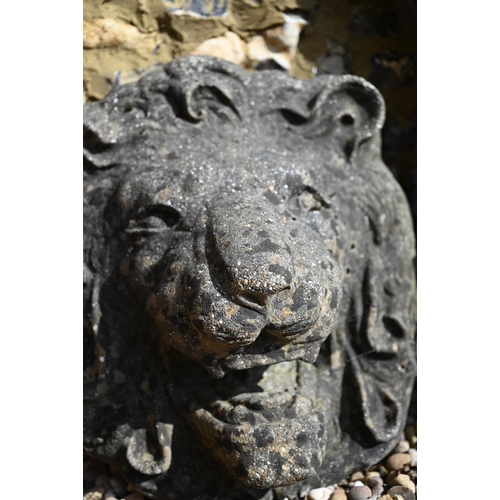 118 - A large old lions head wall plaque, heavily weathered, 42 cm h