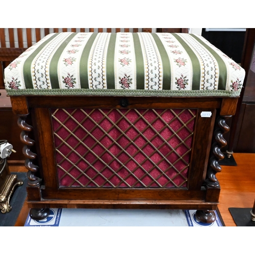 144 - Victorian rosewood box seat stool with Regency stripe fabric, barley twist pillar and brass lattice ... 