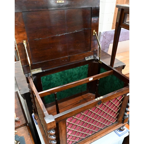 144 - Victorian rosewood box seat stool with Regency stripe fabric, barley twist pillar and brass lattice ... 