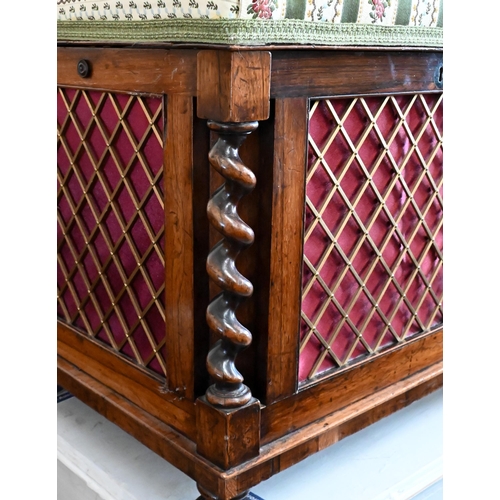 144 - Victorian rosewood box seat stool with Regency stripe fabric, barley twist pillar and brass lattice ... 