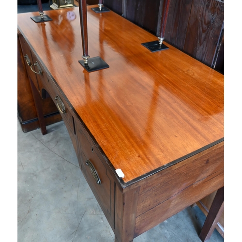 146 - A 19th century mahogany ebony strung three drawer dressing table, 120 x 54 x 82 cm high