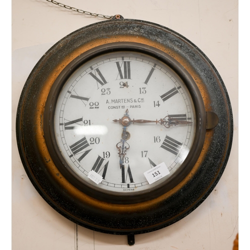 151 - A Martens & Cie, Paris - an antique French station/wall clock with parcel-gilt metal case, 38 cm... 