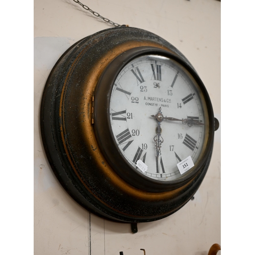 151 - A Martens & Cie, Paris - an antique French station/wall clock with parcel-gilt metal case, 38 cm... 