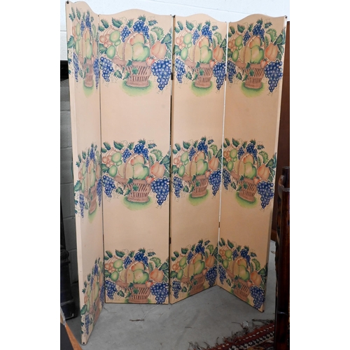 165 - A four-panel folding dress screen printed with fruit baskets on one side and oak leaf and acorn patt... 